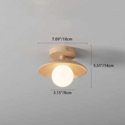 Traditional Japanese Frisbee Round Glass Rubberwood 1-Light Semi-Flush Mount Ceiling Light For Living Room