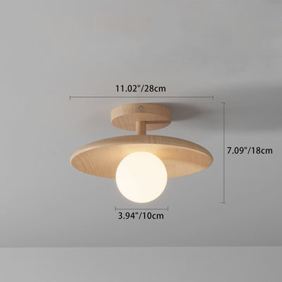 Traditional Japanese Frisbee Round Glass Rubberwood 1-Light Semi-Flush Mount Ceiling Light For Living Room