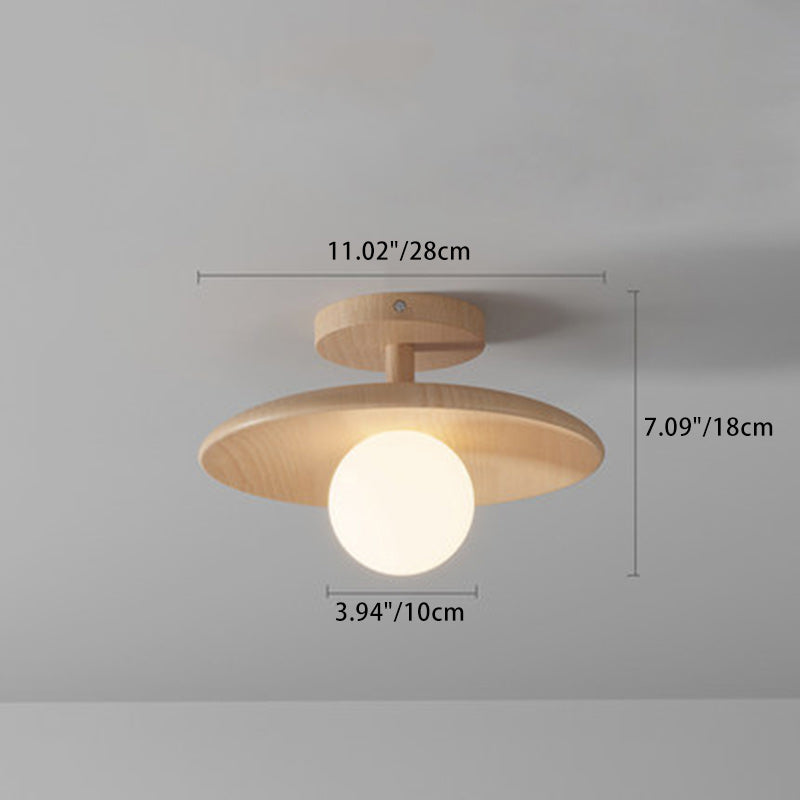 Traditional Japanese Frisbee Round Glass Rubberwood 1-Light Semi-Flush Mount Ceiling Light For Living Room