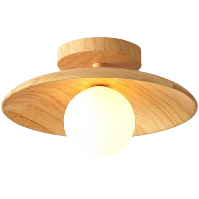 Traditional Japanese Frisbee Round Glass Rubberwood 1-Light Semi-Flush Mount Ceiling Light For Living Room