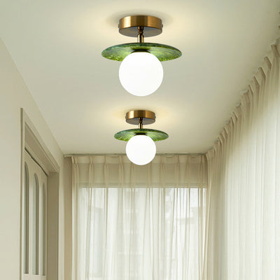 Contemporary Creative Round Orb Glass Jade Hardware 1-Light Semi-Flush Mount Ceiling Light For Living Room