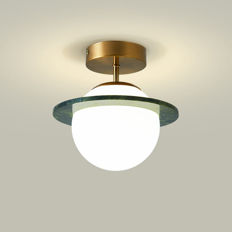 Contemporary Creative Round Orb Glass Jade Hardware 1-Light Semi-Flush Mount Ceiling Light For Living Room