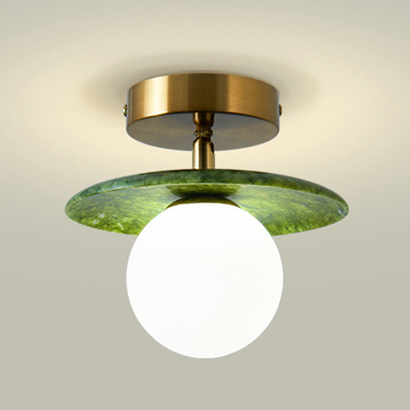 Contemporary Creative Round Orb Glass Jade Hardware 1-Light Semi-Flush Mount Ceiling Light For Living Room