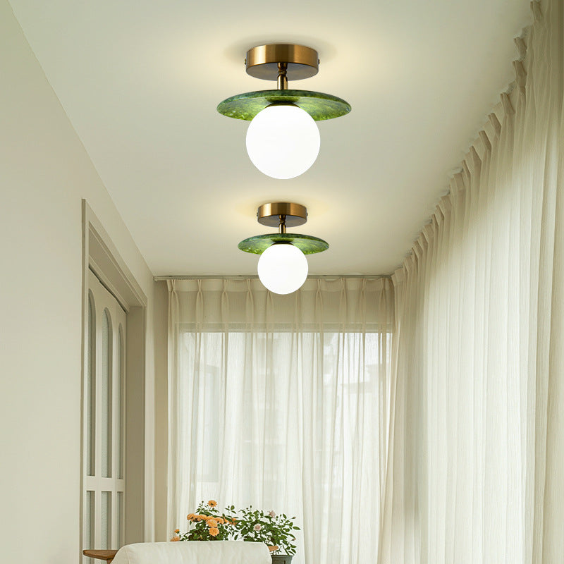 Contemporary Creative Round Orb Glass Jade Hardware 1-Light Semi-Flush Mount Ceiling Light For Living Room