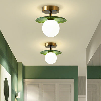 Contemporary Creative Round Orb Glass Jade Hardware 1-Light Semi-Flush Mount Ceiling Light For Living Room