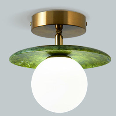 Contemporary Creative Round Orb Glass Jade Hardware 1-Light Semi-Flush Mount Ceiling Light For Living Room