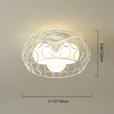 Contemporary Industrial Openwork Circle Round Glass Iron 3-Light Semi-Flush Mount Ceiling Light For Bedroom