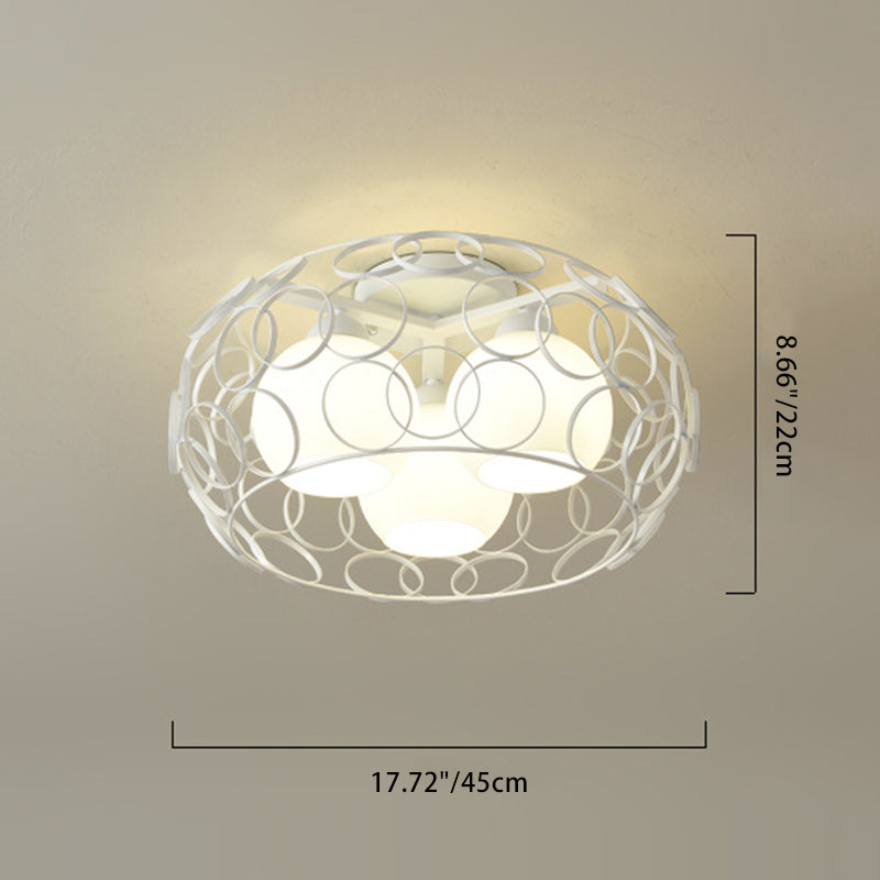 Contemporary Industrial Openwork Circle Round Glass Iron 3-Light Semi-Flush Mount Ceiling Light For Bedroom