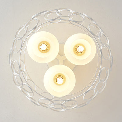 Contemporary Industrial Openwork Circle Round Glass Iron 3-Light Semi-Flush Mount Ceiling Light For Bedroom