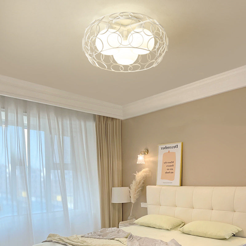 Contemporary Industrial Openwork Circle Round Glass Iron 3-Light Semi-Flush Mount Ceiling Light For Bedroom