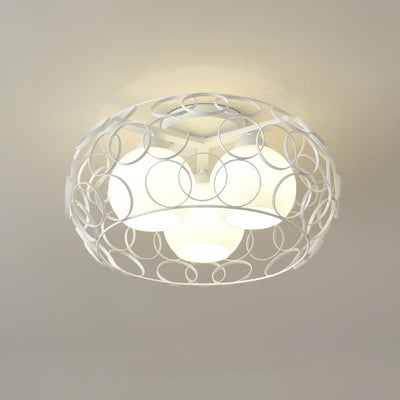 Contemporary Industrial Openwork Circle Round Glass Iron 3-Light Semi-Flush Mount Ceiling Light For Bedroom