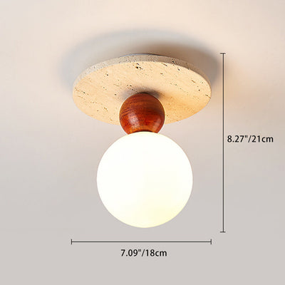 Contemporary Creative Oval Orb Glass Beige Travertine Solid Wood 1/2 Light Semi-Flush Mount Ceiling Light For Bedroom