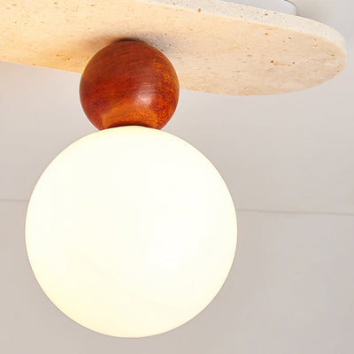 Contemporary Creative Oval Orb Glass Beige Travertine Solid Wood 1/2 Light Semi-Flush Mount Ceiling Light For Bedroom