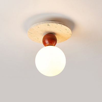 Contemporary Creative Oval Orb Glass Beige Travertine Solid Wood 1/2 Light Semi-Flush Mount Ceiling Light For Bedroom