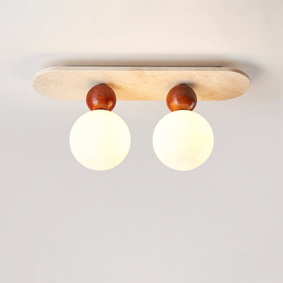 Contemporary Creative Oval Orb Glass Beige Travertine Solid Wood 1/2 Light Semi-Flush Mount Ceiling Light For Bedroom