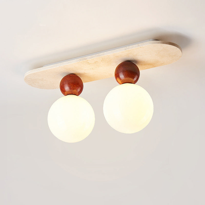 Contemporary Creative Oval Orb Glass Beige Travertine Solid Wood 1/2 Light Semi-Flush Mount Ceiling Light For Bedroom