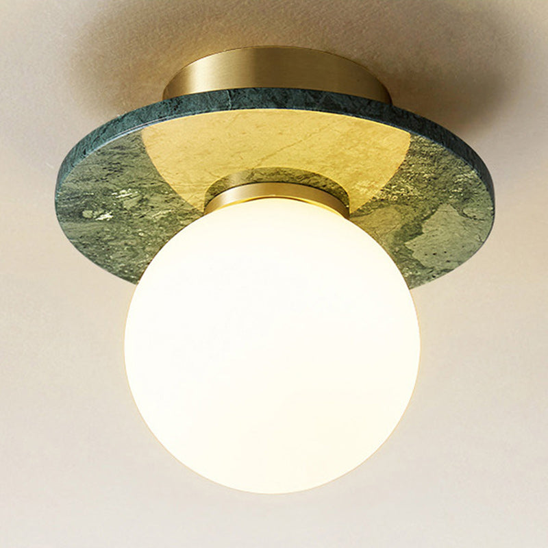 Contemporary Nordic Round Magic Bean Glass Marble Copper 1-Light Semi-Flush Mount Ceiling Light For Bedroom