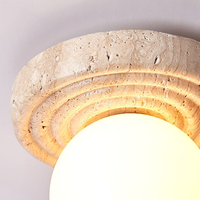 Contemporary Nordic Round Pleated Magic Bean Glass Beige Travertine 1-Light Semi-Flush Mount Ceiling Light For Living Room