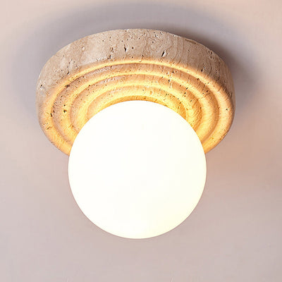 Contemporary Nordic Round Pleated Magic Bean Glass Beige Travertine 1-Light Semi-Flush Mount Ceiling Light For Living Room