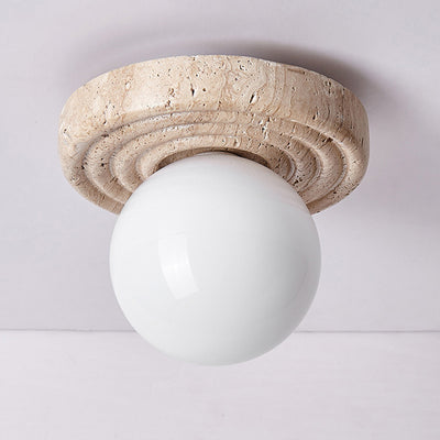 Contemporary Nordic Round Pleated Magic Bean Glass Beige Travertine 1-Light Semi-Flush Mount Ceiling Light For Living Room