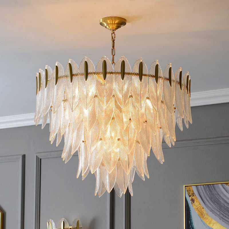 Contemporary Creative Feather Round Layered Glass Metal 6/9/12 Light Chandelier For Living Room