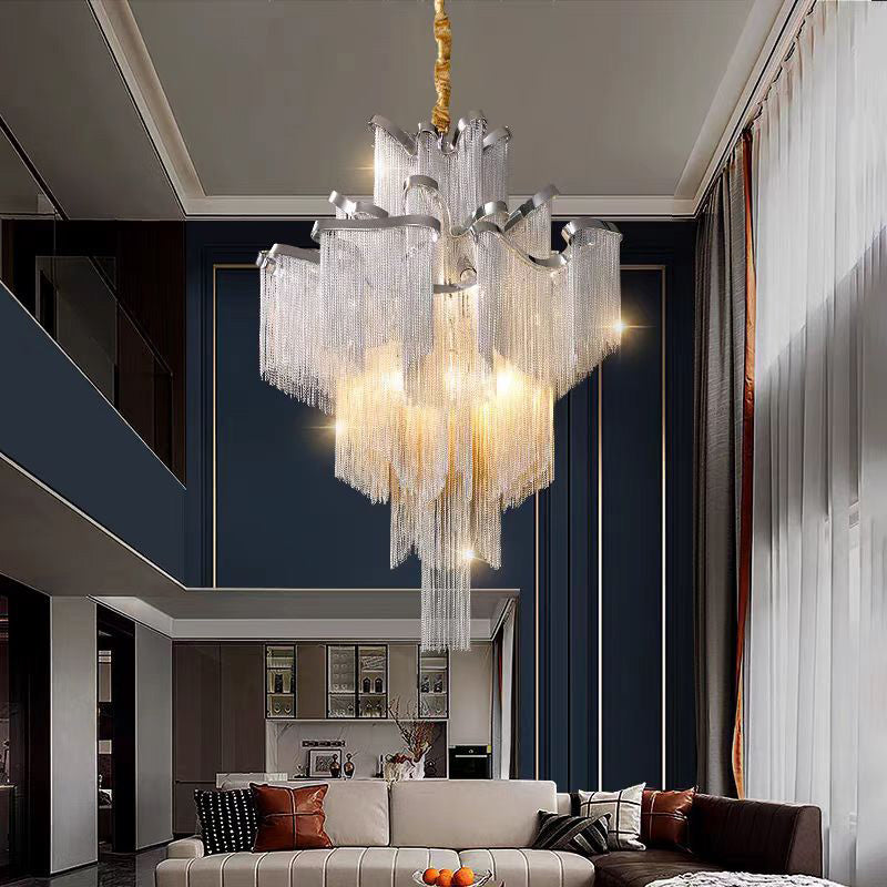 Traditional French Fringe Layered Bend Aluminum Iron Hardware 4/9/14 Light Chandelier For Living Room