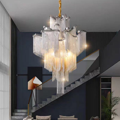 Traditional French Fringe Layered Bend Aluminum Iron Hardware 4/9/14 Light Chandelier For Living Room