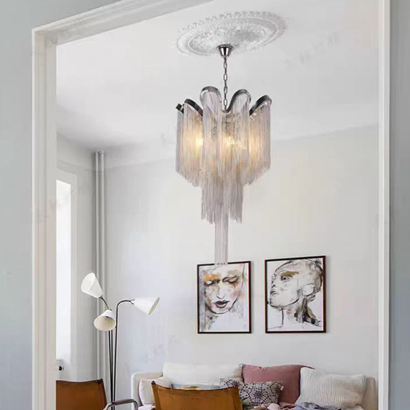 Traditional French Fringe Layered Bend Aluminum Iron Hardware 4/9/14 Light Chandelier For Living Room