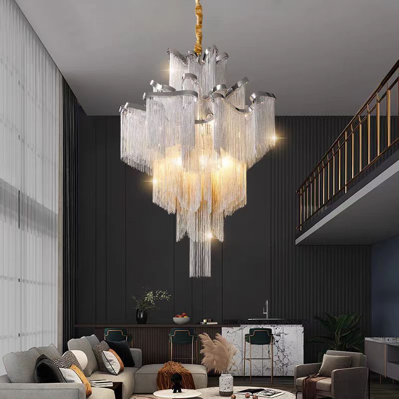 Traditional French Fringe Layered Bend Aluminum Iron Hardware 4/9/14 Light Chandelier For Living Room