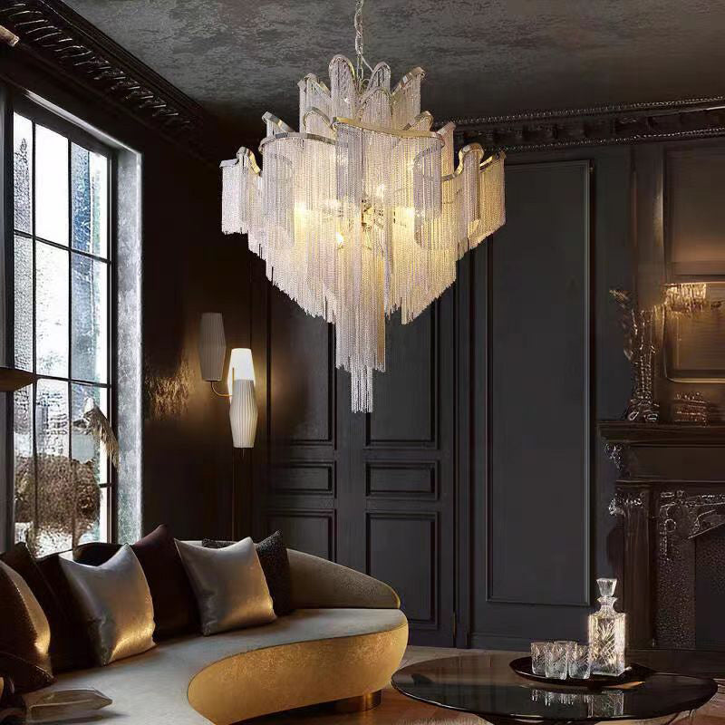 Traditional French Fringe Layered Bend Aluminum Iron Hardware 4/9/14 Light Chandelier For Living Room