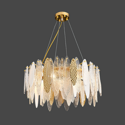 Contemporary Creative Feather Round Glass Hardware 8/10 Light Chandelier For Living Room