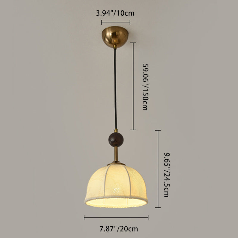 Traditional Chinese Half Round Orb Fabric Solid Wood Iron 1-Light Pendant Light For Living Room