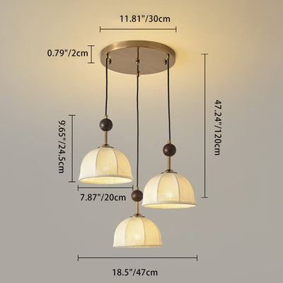 Traditional Chinese Round Ball Half Round Fabric Solid Wood Iron 3-Light Pendant Light For Living Room