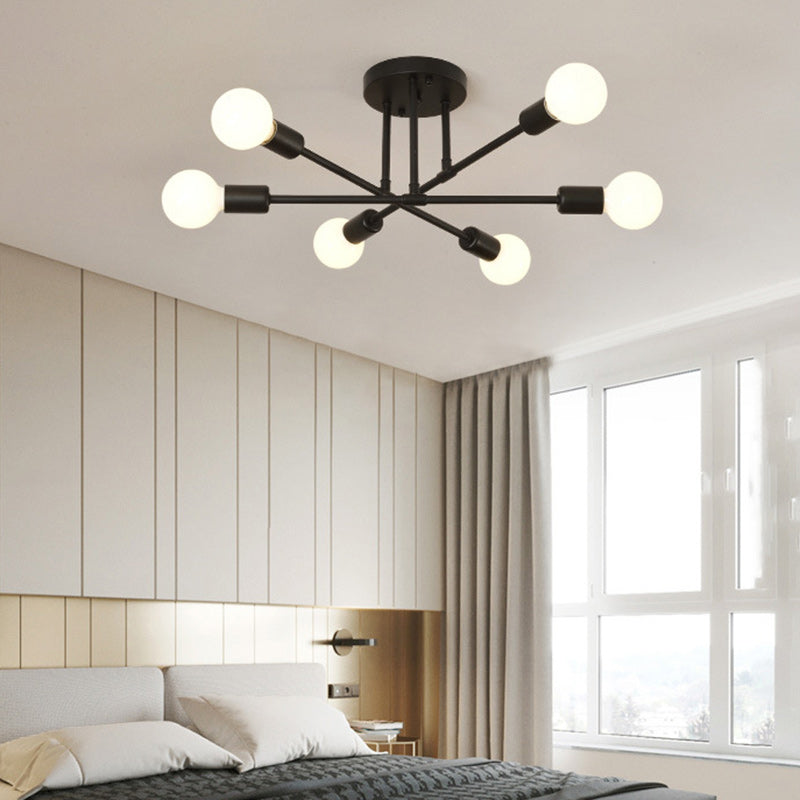 Contemporary Nordic Cross Cylinder Round Iron 6-Light Semi-Flush Mount Ceiling Light For Living Room