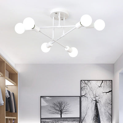 Contemporary Nordic Cross Cylinder Round Iron 6-Light Semi-Flush Mount Ceiling Light For Living Room