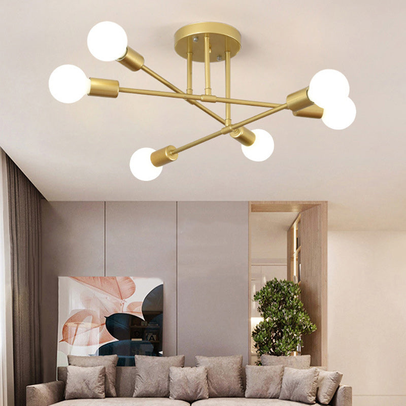 Contemporary Nordic Cross Cylinder Round Iron 6-Light Semi-Flush Mount Ceiling Light For Living Room