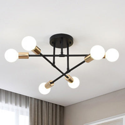 Contemporary Nordic Cross Cylinder Round Iron 6-Light Semi-Flush Mount Ceiling Light For Living Room