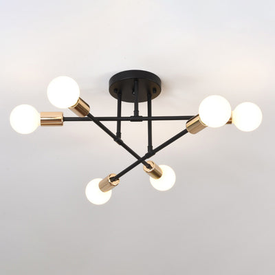 Contemporary Nordic Cross Cylinder Round Iron 6-Light Semi-Flush Mount Ceiling Light For Living Room