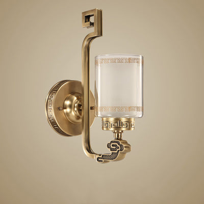 Traditional Chinese Cylinder Curved Glass Brass 1-Light Wall Sconce Lamp For Bedroom