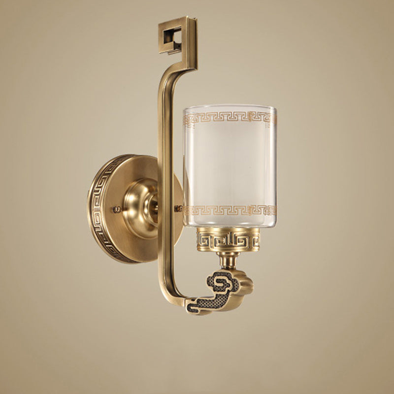 Traditional Chinese Cylinder Curved Glass Brass 1-Light Wall Sconce Lamp For Bedroom