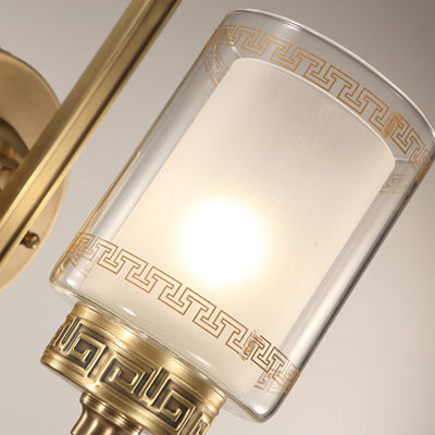 Traditional Chinese Cylinder Curved Glass Brass 1-Light Wall Sconce Lamp For Bedroom