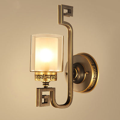 Traditional Chinese Cylinder Curved Glass Brass 1-Light Wall Sconce Lamp For Bedroom