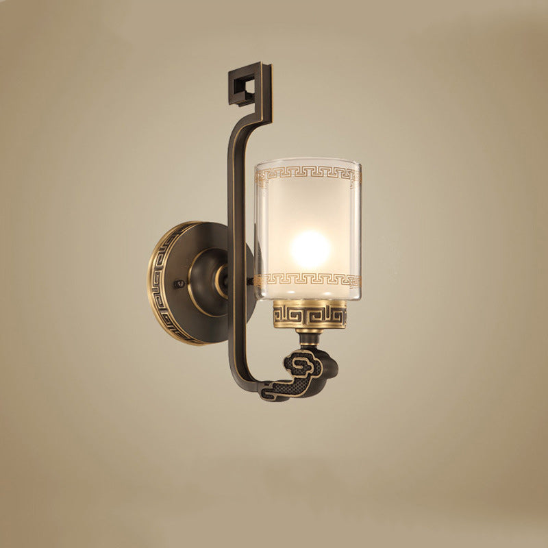 Traditional Chinese Cylinder Curved Glass Brass 1-Light Wall Sconce Lamp For Bedroom