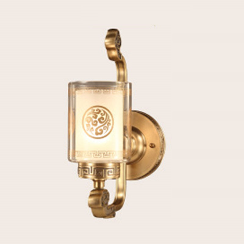 Traditional Chinese Cylinder Curved Glass Brass 1-Light Wall Sconce Lamp For Bedroom