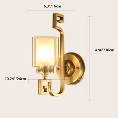 Traditional Chinese Cylinder Curved Glass Brass 1-Light Wall Sconce Lamp For Bedroom