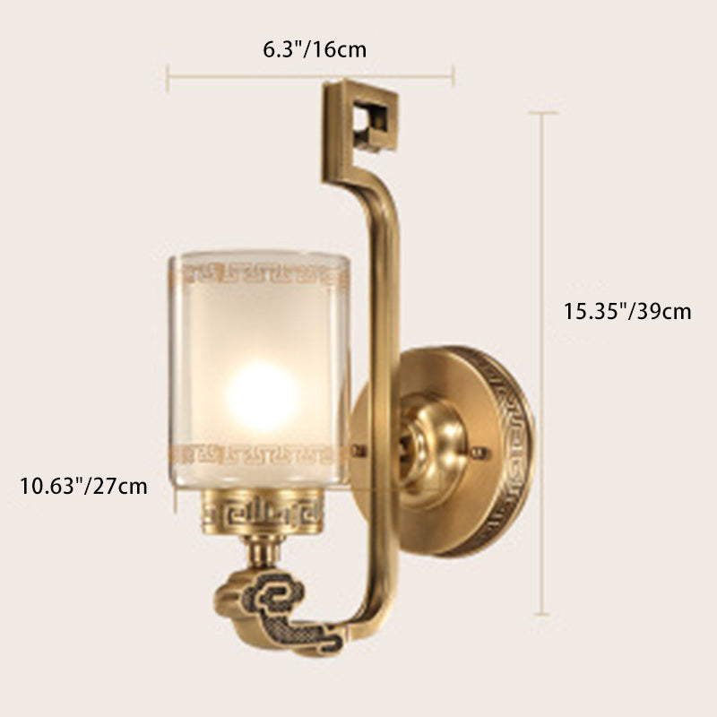 Traditional Chinese Cylinder Curved Glass Brass 1-Light Wall Sconce Lamp For Bedroom