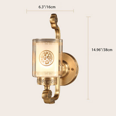 Traditional Chinese Cylinder Curved Glass Brass 1-Light Wall Sconce Lamp For Bedroom