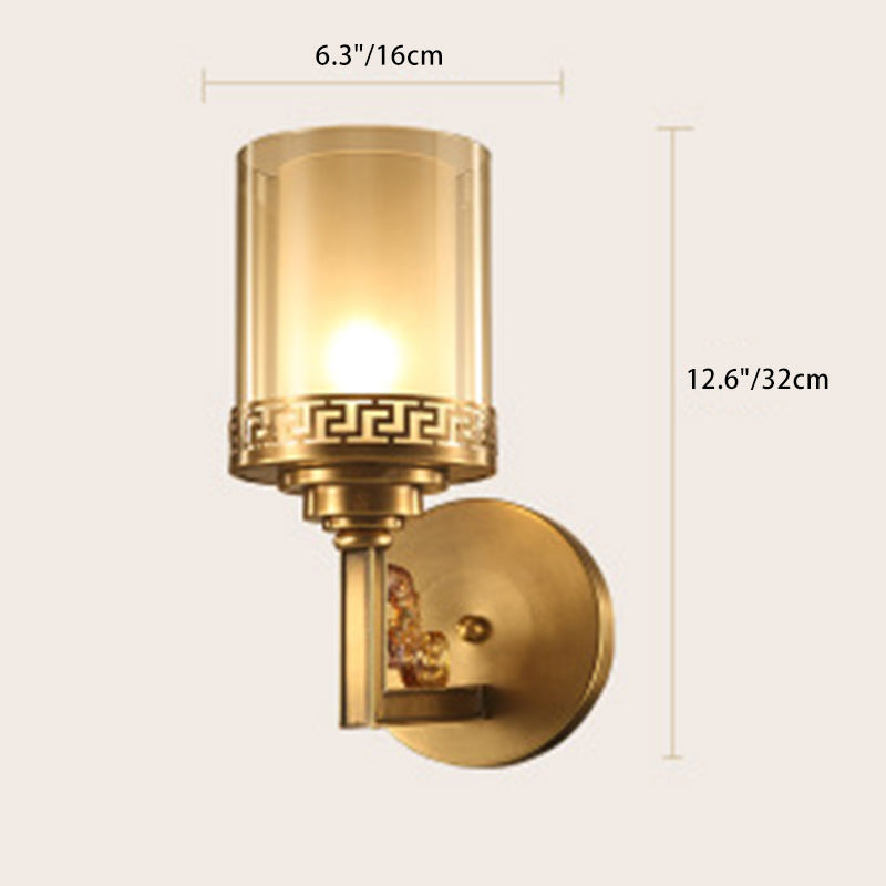 Traditional Chinese Cylinder Curved Glass Brass 1-Light Wall Sconce Lamp For Bedroom