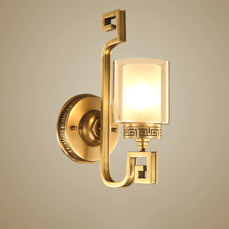 Traditional Chinese Cylinder Curved Glass Brass 1-Light Wall Sconce Lamp For Bedroom