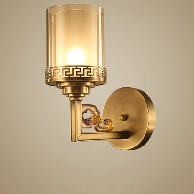 Traditional Chinese Cylinder Curved Glass Brass 1-Light Wall Sconce Lamp For Bedroom